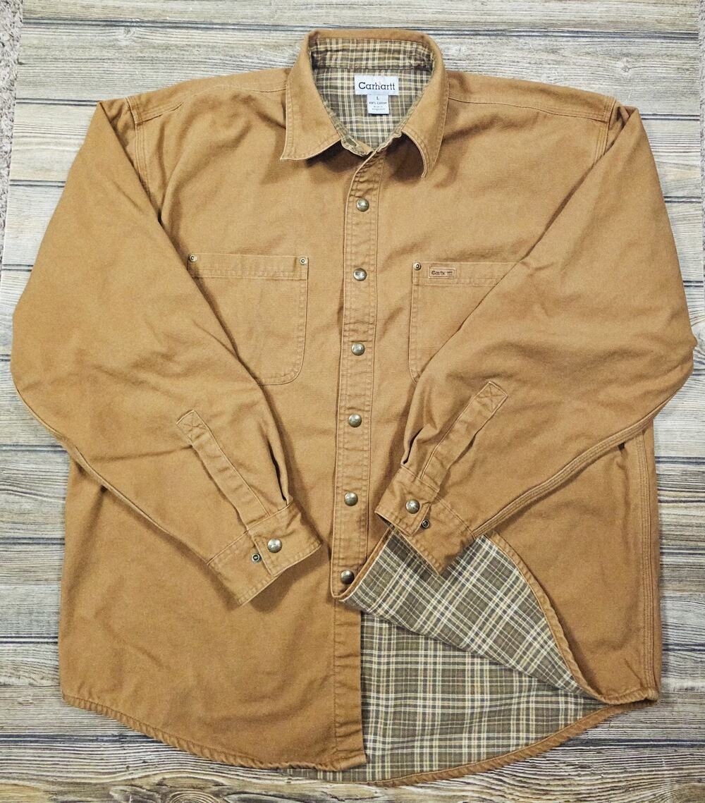 Carhartt Vintage Large Canvas Flannel Lined Snaps Shirt Jacket Tan S96BRN